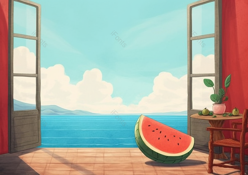 蓝色海景室内窗户西瓜插画,插画/手绘图,插画/手绘图库,插画/手绘图下载,插画/手绘